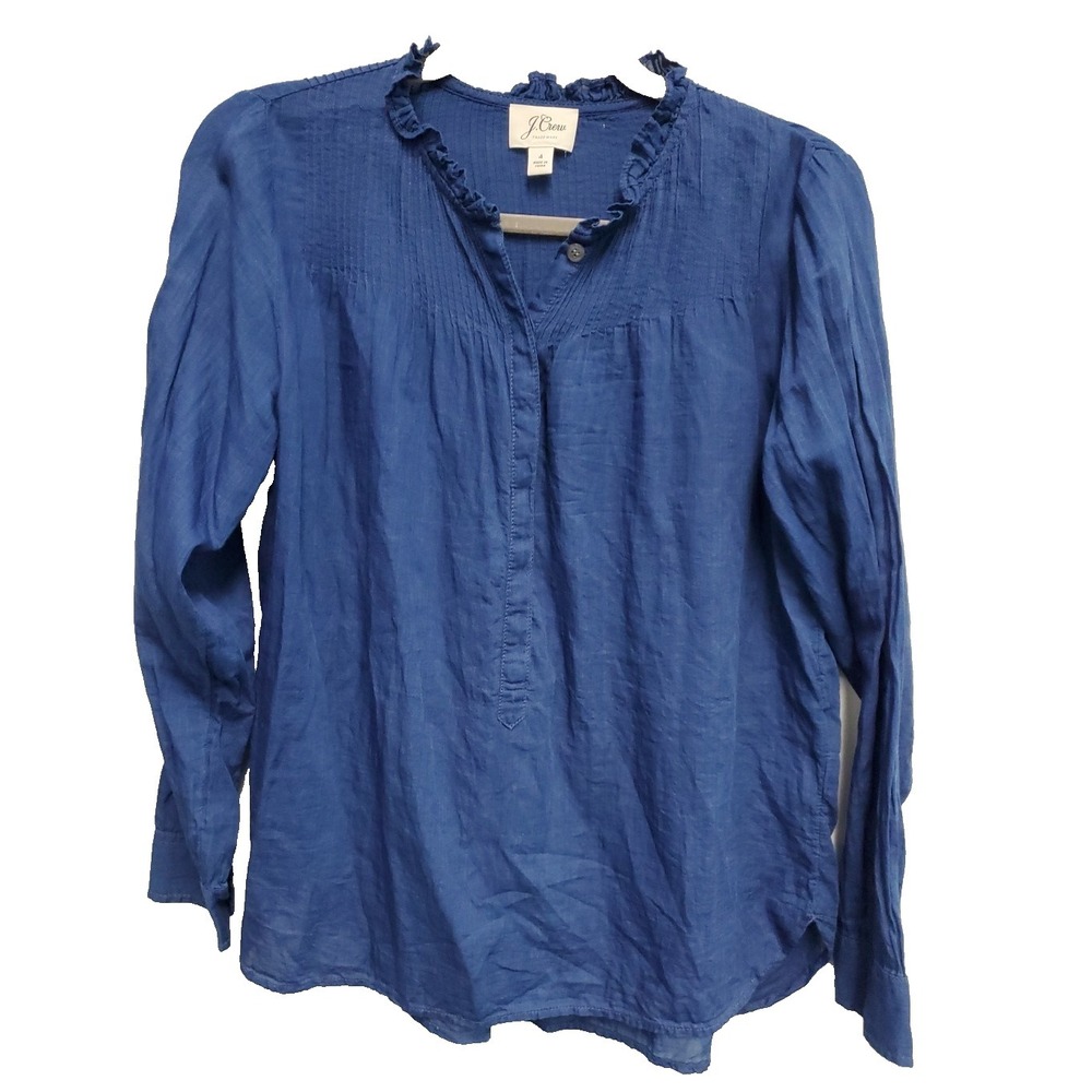 J CREW Blue Popover Tunic Long-Sleeve Cotton Ruffle Button Henley Women Sz 4 EUC
